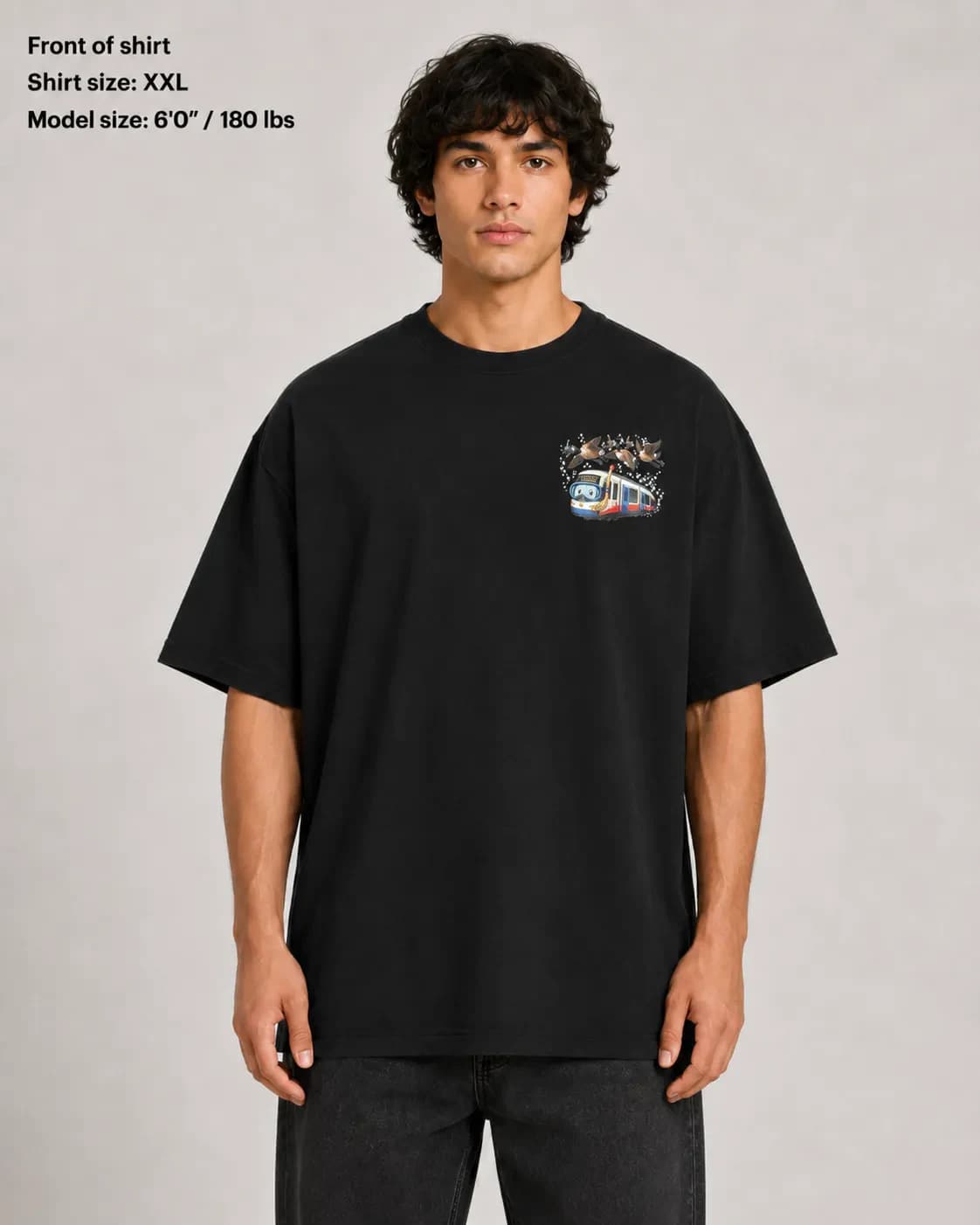 Front mockup of the black Scenic Route T-shirt with a small Little LRT and geese artwork on the chest